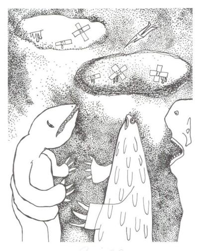 Pegaba 
      las nubes con curita (junto con su hijo Rami) - 1995 - Tinta  - A4